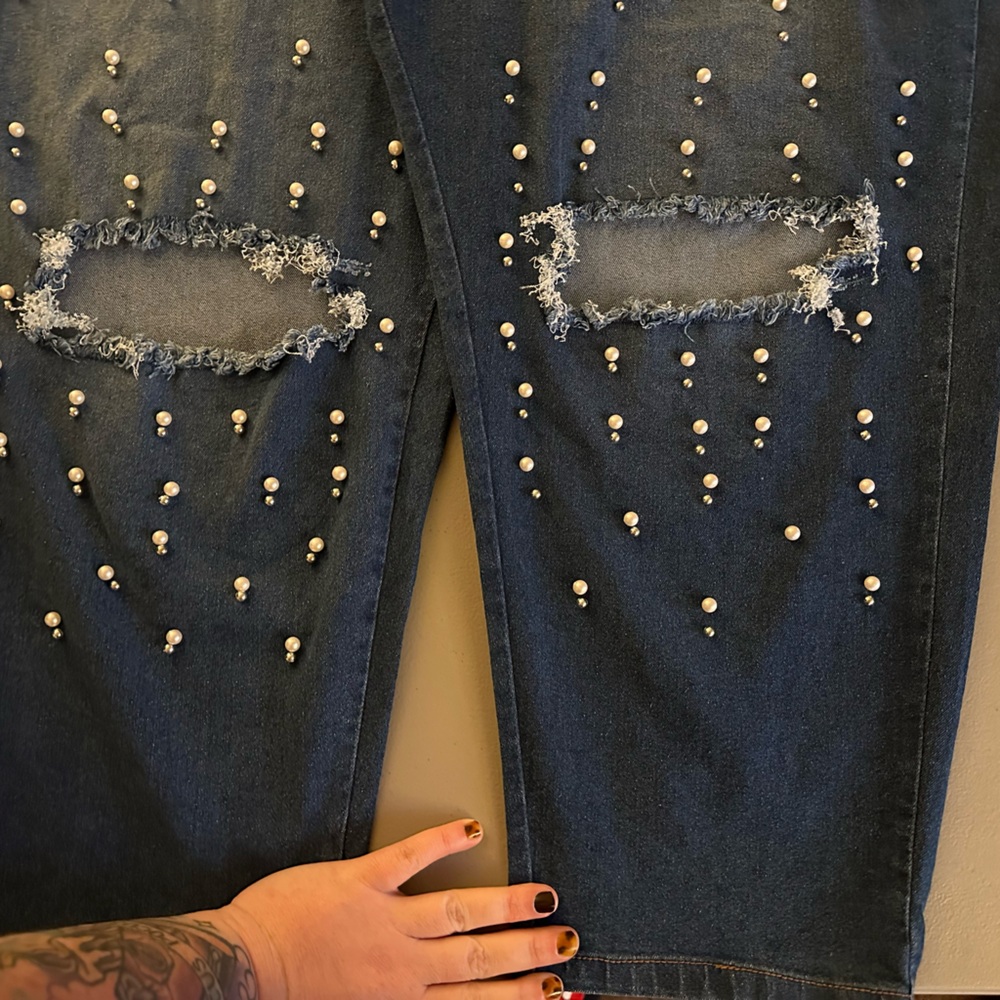 Ashley Stewart Pearl Embellished Distressed Jeans